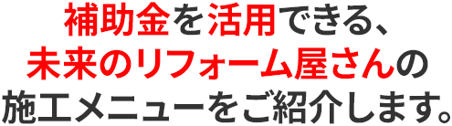 補助金を活用できる、未来のリフォーム屋さんの施工メニューをご紹介します。